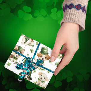 Papier Cadeau Puppies Vert Casquette Shamrock St. Patrick's Day