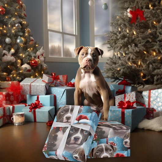 Papier Cadeau Pups Pitbulles bleus et blancs de Noël