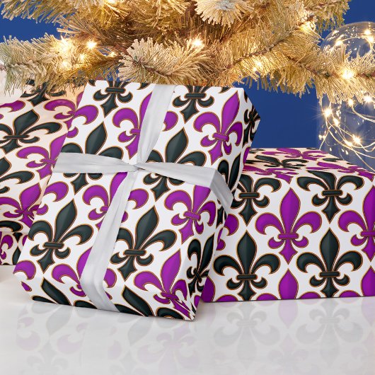 Papier Cadeau Purple Black Baroque Fleur-de-lis Pattern Design 