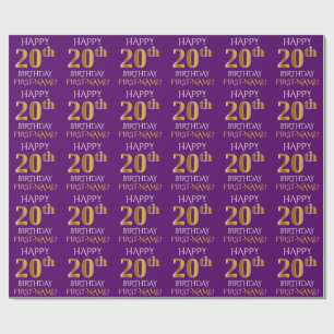 Papier Cadeau Purple, Faux Gold "HEUREUX 20ème anniversaire"