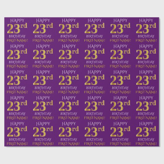 Papier Cadeau Purple, Faux Gold "HEUREUX 23e anniversaire" (Plat)