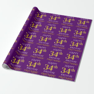 Papier Cadeau Purple, Faux Gold "HEUREUX 34e anniversaire"