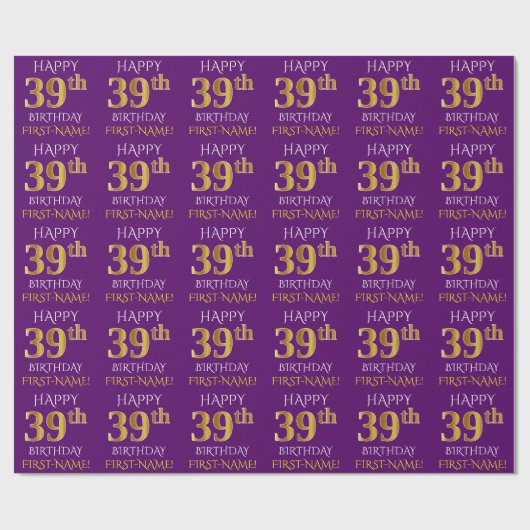 Papier Cadeau Purple, Faux Gold "HEUREUX 39e anniversaire" (Plat)