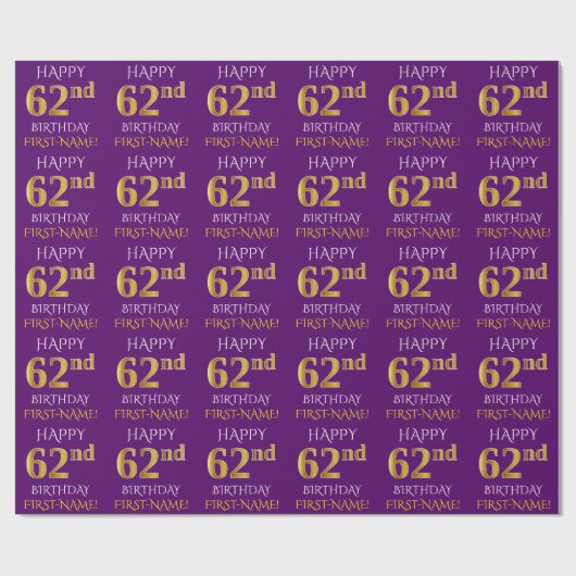 Papier Cadeau Purple, Faux Gold "HEUREUX 62e anniversaire" (Plat)