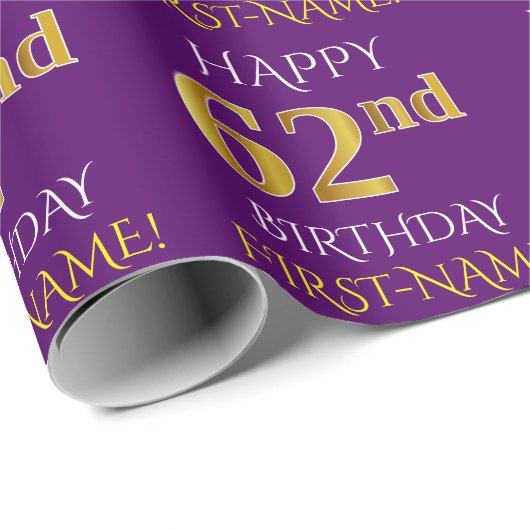 Papier Cadeau Purple, Faux Gold "HEUREUX 62e anniversaire" (Coin rond)