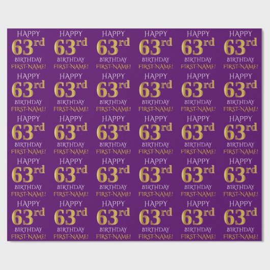 Papier Cadeau Purple, Faux Gold "HEUREUX 63e anniversaire" (Plat)