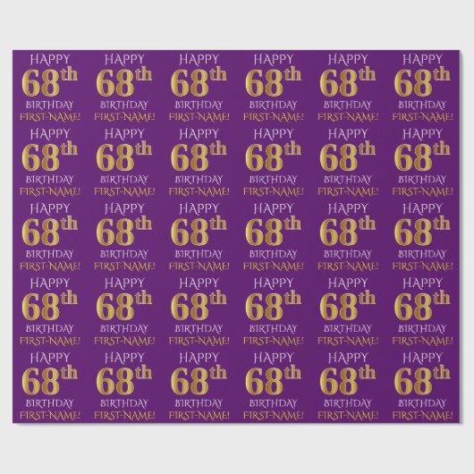 Papier Cadeau Purple, Faux Gold "HEUREUX 68e anniversaire" (Plat)