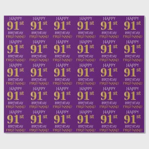 Papier Cadeau Purple, Faux Gold "HEUREUX 91ème anniversaire"