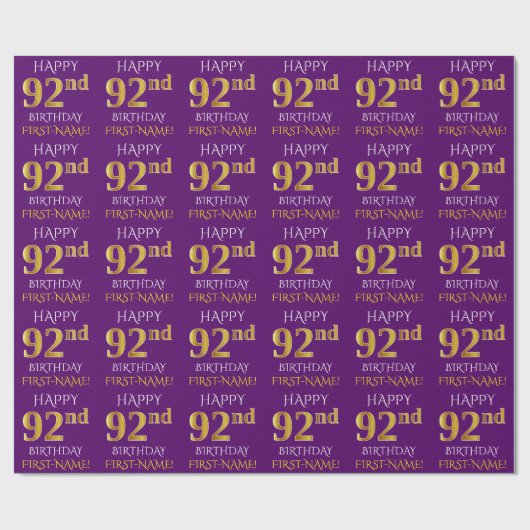 Papier Cadeau Purple, Faux Gold "HEUREUX 92e anniversaire" (Plat)