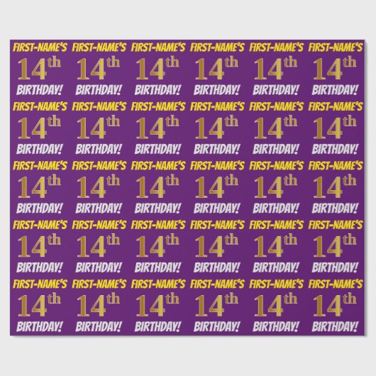 Papier Cadeau Purple, Faux/Imitation Gold, "14e anniversaire" (Plat)