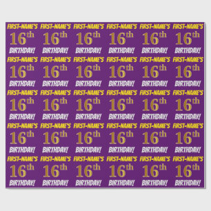 Papier Cadeau Purple, Faux/Imitation Gold, "16e anniversaire"