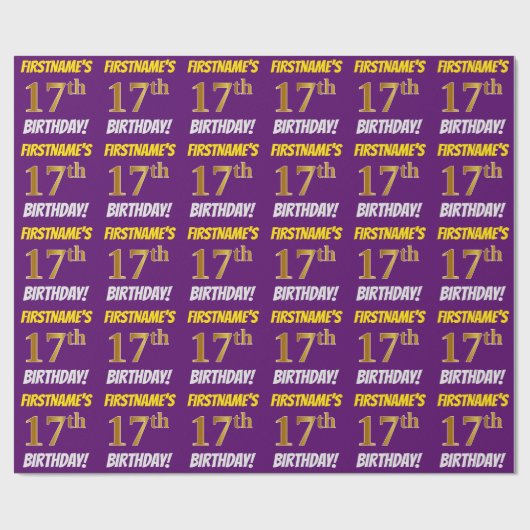 Papier Cadeau Purple, Faux/Imitation Gold, "17e anniversaire" (Plat)