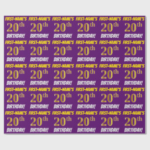 Papier Cadeau Purple, Faux/Imitation Gold, "20e ANNIVERSAIRE"