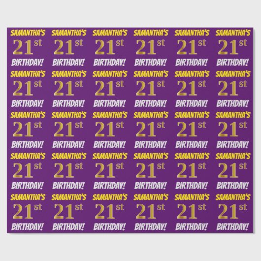 Papier Cadeau Purple, Faux/Imitation Gold, "21e ANNIVERSAIRE" (Plat)