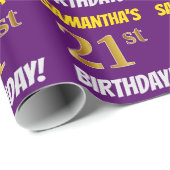 Papier Cadeau Purple, Faux/Imitation Gold, "21e ANNIVERSAIRE" (Coin rond)