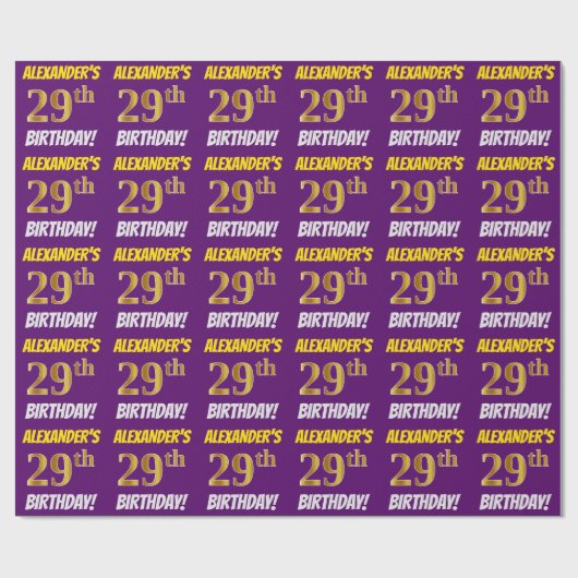 Papier Cadeau Purple, Faux/Imitation Gold, "29e ANNIVERSAIRE" (Plat)