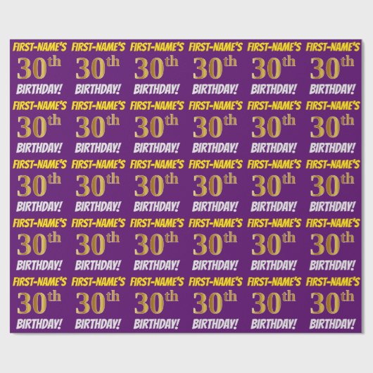 Papier Cadeau Purple, Faux/Imitation Gold, "30e ANNIVERSAIRE" (Plat)