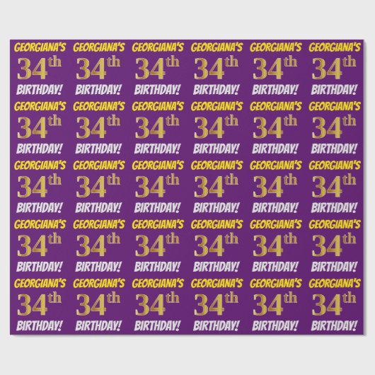 Papier Cadeau Purple, Faux/Imitation Gold, "34e anniversaire" (Plat)