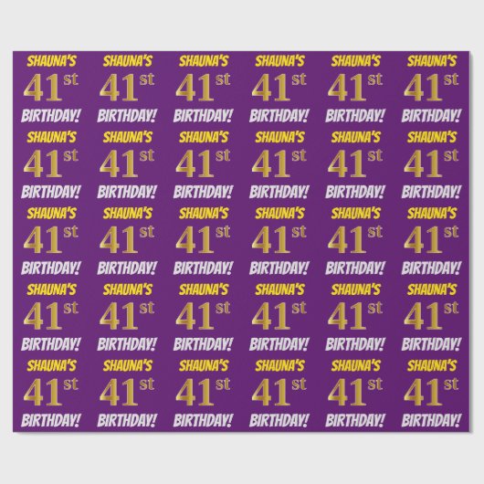 Papier Cadeau Purple, Faux/Imitation Gold, "41e ANNIVERSAIRE" (Plat)