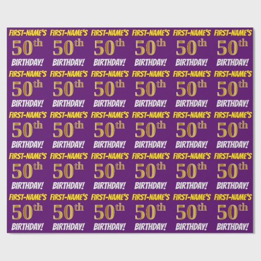 Papier Cadeau Purple, Faux/Imitation Gold, "50e ANNIVERSAIRE" (Plat)