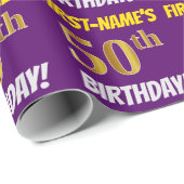 Papier Cadeau Purple, Faux/Imitation Gold, "50e ANNIVERSAIRE" (Coin rond)