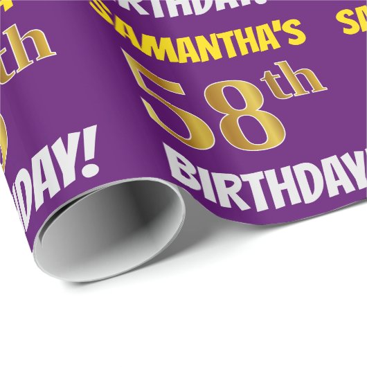 Papier Cadeau Purple, Faux/Imitation Gold, "58e ANNIVERSAIRE" (Coin rond)