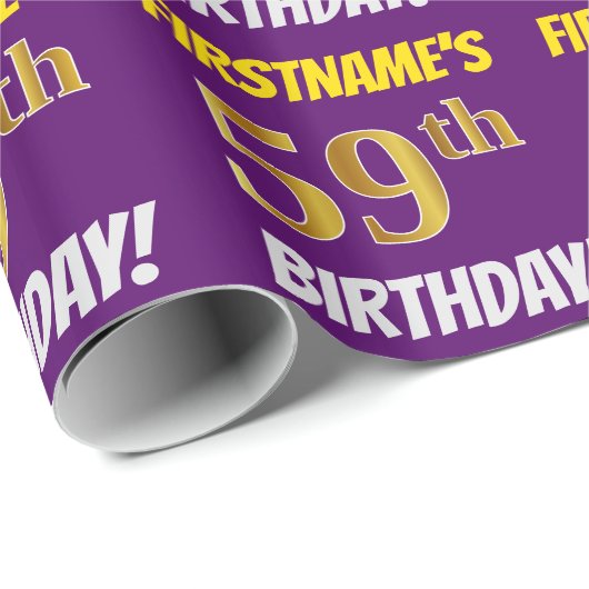 Papier Cadeau Purple, Faux/Imitation Gold, "59e ANNIVERSAIRE" (Coin rond)