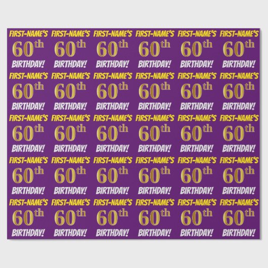 Papier Cadeau Purple, Faux/Imitation Gold, "60e ANNIVERSAIRE" (Plat)