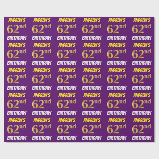 Papier Cadeau Purple, Faux/Imitation Gold, "62e anniversaire" (Plat)