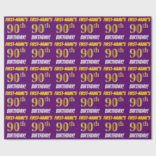 Papier Cadeau Purple, Faux/Imitation Gold, "90e ANNIVERSAIRE" (Plat)