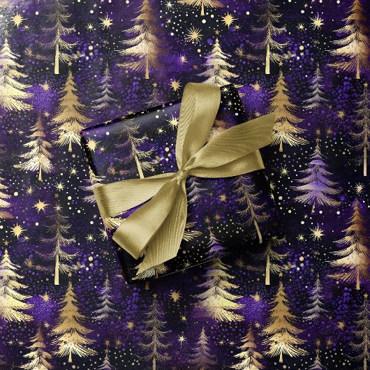 Papier Cadeau Purple & Gold Noël Arbre neige chute de luxe Noël