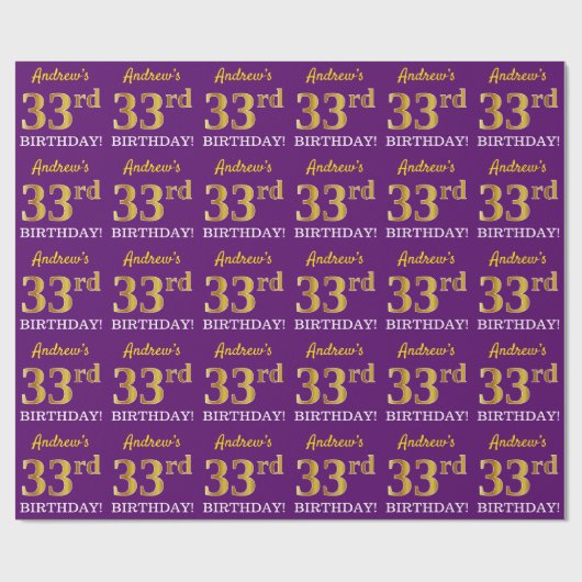 Papier Cadeau Purple, Imitation Gold Look "33ème anniversaire" (Plat)