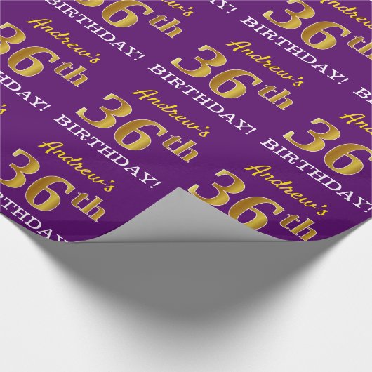 Papier Cadeau Purple, Imitation Gold Look "36ème anniversaire" (Coin)