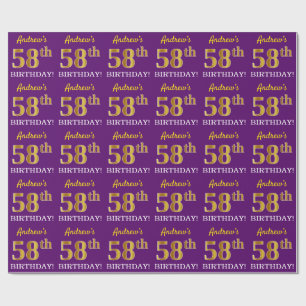 Papier Cadeau Purple, Imitation Gold Look "58ème anniversaire"