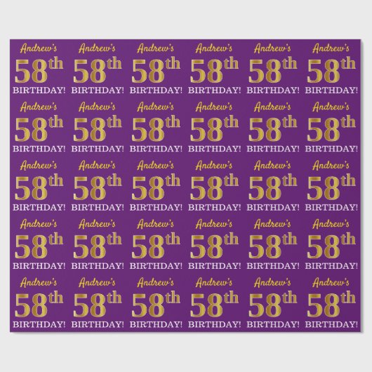 Papier Cadeau Purple, Imitation Gold Look "58ème anniversaire" (Plat)