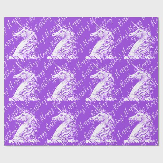 Papier Cadeau Purple Unicorn Motif Joyeux texte d'anniversaire (Plat)