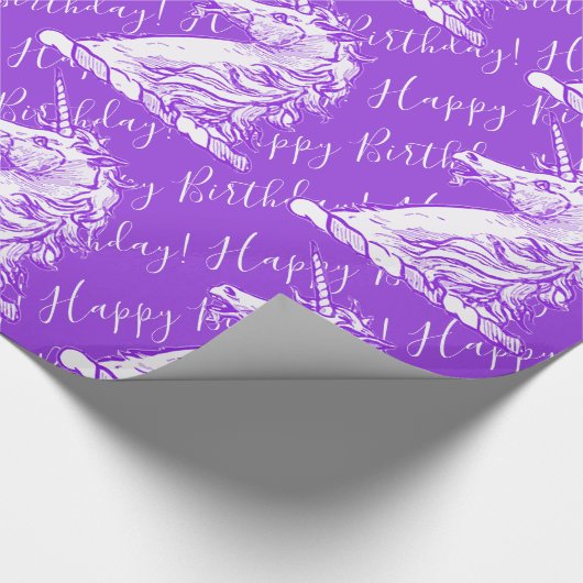 Papier Cadeau Purple Unicorn Motif Joyeux texte d'anniversaire (Coin)