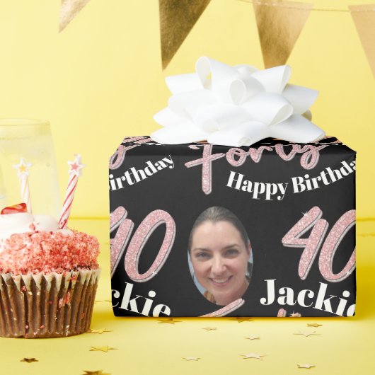 Papier Cadeau Quarante 40e anniversaire script photo rose rose p (Fête d'anniversaire)
