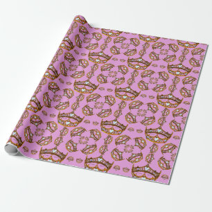 Papier Cadeau Queen Hearts Gold Crowns Tiaras cadeau lilas rose