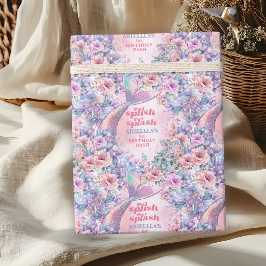 Papier Cadeau Queue de sirène pailletée de fleurs 9e anniversair