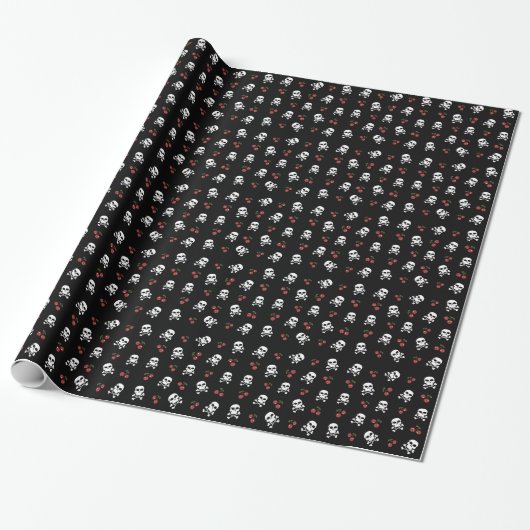 Papier Cadeau RAB Rockabilly Skuls et Cerises sur Noir (Déroulé)