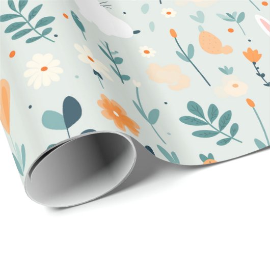 Papier Cadeau Rabbit Spring Bleu Et Orange Pastel (Coin rond)