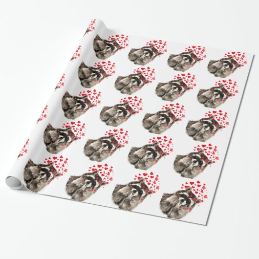 Papier Cadeau Raccoon soufflant des baisers aquarelle (Déroulé)
