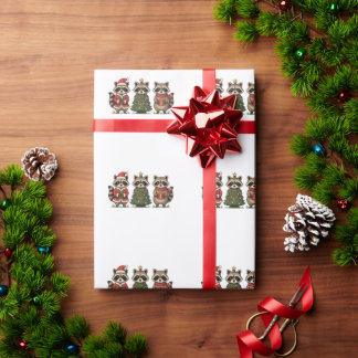 Papier Cadeau Raccoons de Noël Costume de Père Noël Arbre Canne