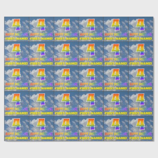 Papier Cadeau Rainbow Look "4" & "HEUREUX ANNIVERSAIRE", Nuages, (Plat)