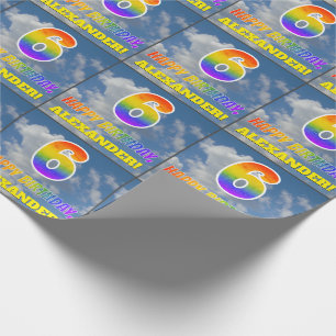 Papier Cadeau Rainbow Look "6" & "HEUREUX ANNIVERSAIRE", Nuages,