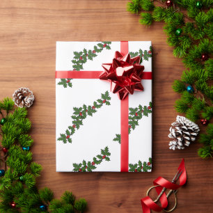 Papier Cadeau Rameaux de Noël de houx rouge vert blanc