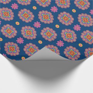 Papier Cadeau Rangoli, Fleurs et Pois sur le Cadeau Bleu