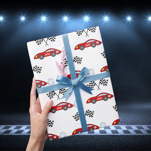 Papier Cadeau Rapide un rouge voiture de course rétro à damiers