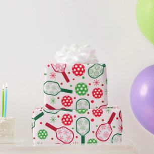 Papier Cadeau Raquettes de Pickleball Rouge et Vert de Noël